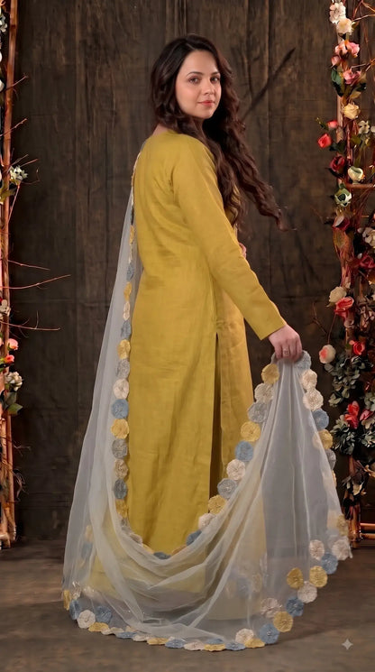 Pakistani Designer Mustard Yellow Pure Handloom Cotton Suit with 3D Floral Handwork, Thread & Pearl Detailing