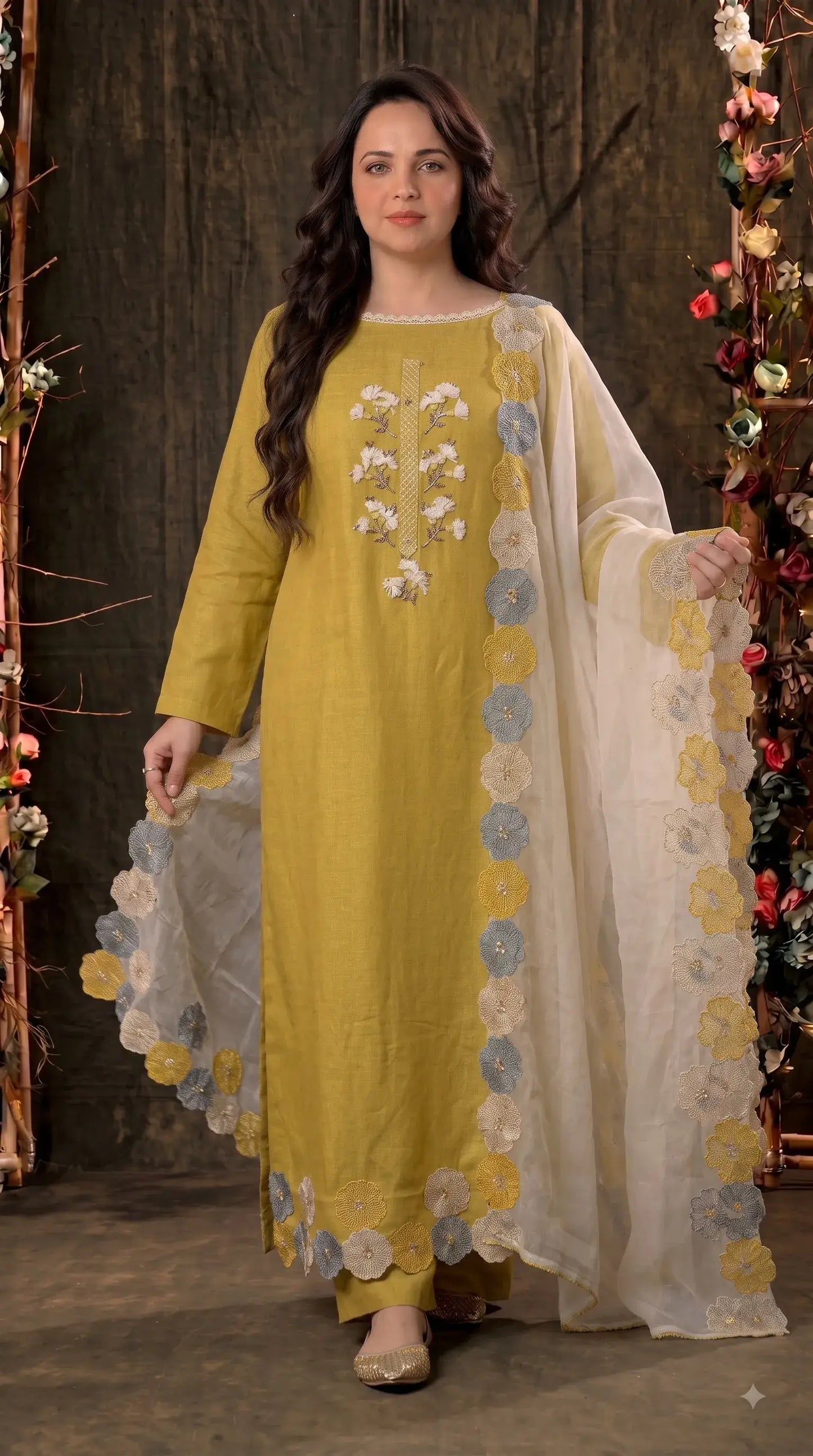 Premium Designer Mustard Yellow Soft Cotton Suit with Floral Bead & Sequin Work
