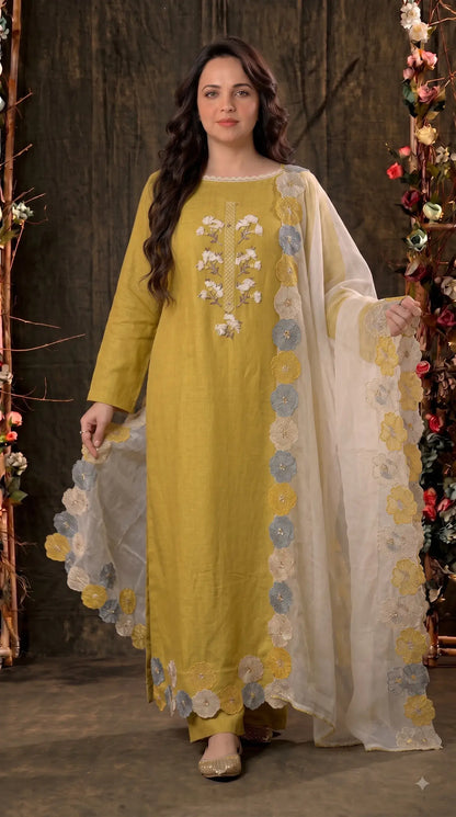 Premium Designer Mustard Yellow Soft Cotton Suit with Floral Bead & Sequin Work
