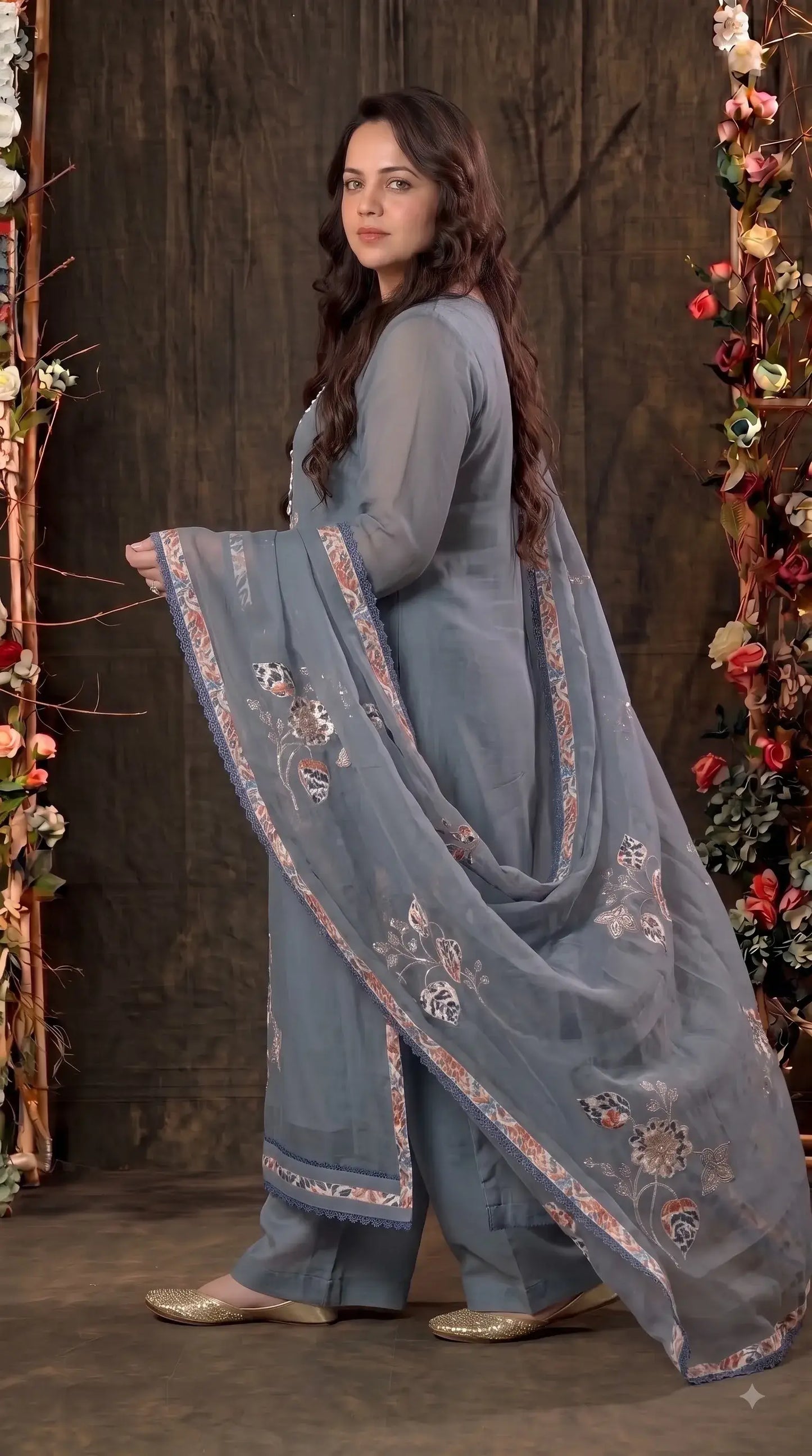 Premium Designer Slate Blue Soft Cotton Pakistani Suit with Floral Appliqué Work