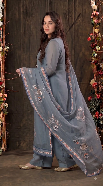 Premium Designer Slate Blue Soft Cotton Pakistani Suit with Floral Appliqué Work