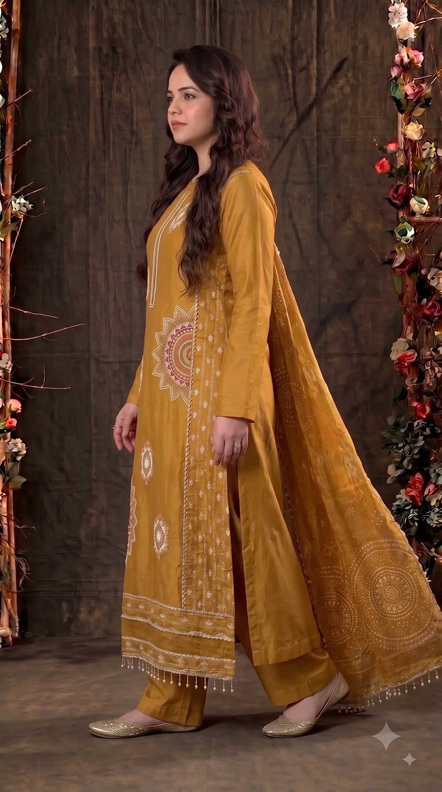 Premium Tissue Mustard Designer Suit with Pearl Detailing
