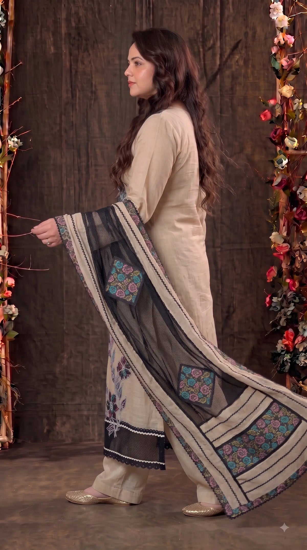 Premium Mul Designer Ivory Beige & Black Pearl-Work Floral Suit