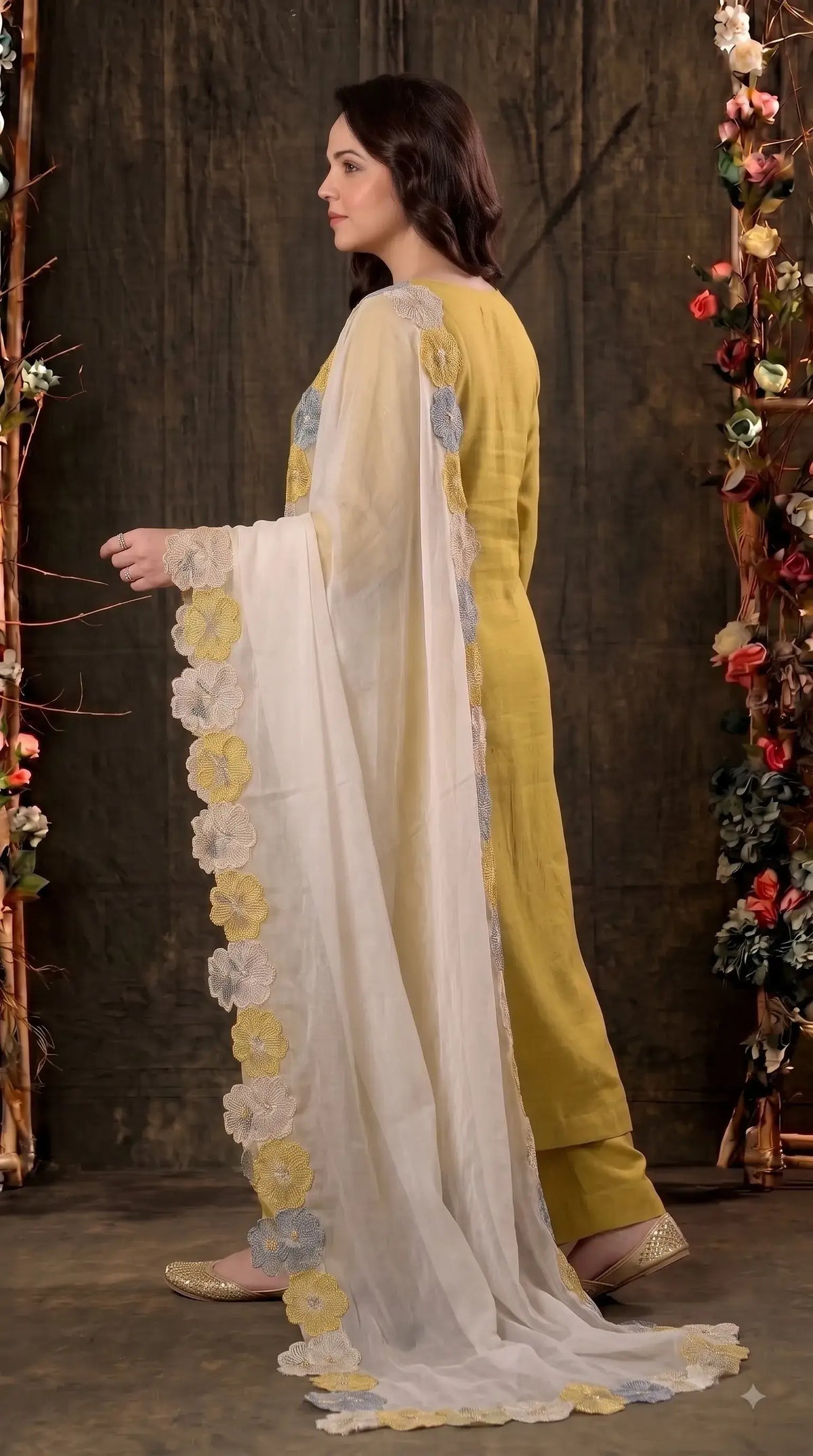 Premium Designer Mustard Yellow Soft Cotton Suit with Floral Bead & Sequin Work