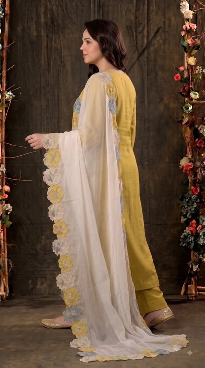 Premium Designer Mustard Yellow Soft Cotton Suit with Floral Bead & Sequin Work