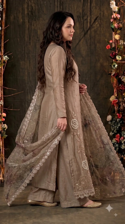 Premium Designer Beige Soft Tissue Suit with Pearl, Bead & Sequin Floral Work
