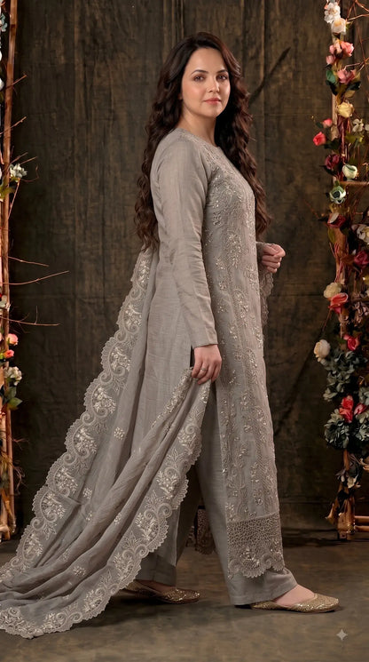 Pakistani Designer Ivory Marble Chiffon Suit with Cutwork Embroidery & Swarovski Work Pakistani Suit