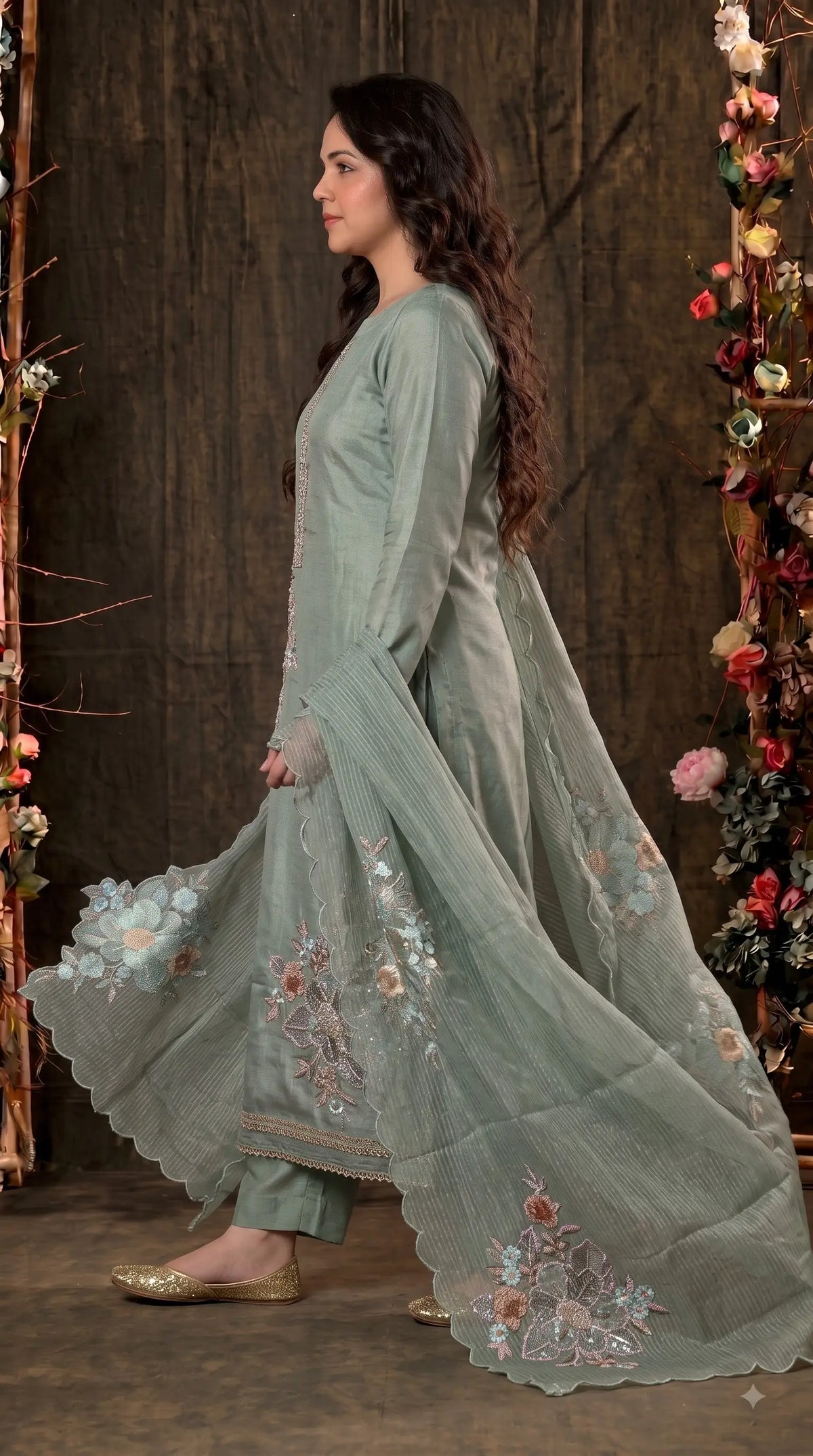 Premium Designer Sage Green Organza Suit with Pastel Floral Hand Embroidery, Sequin & Bead Work
