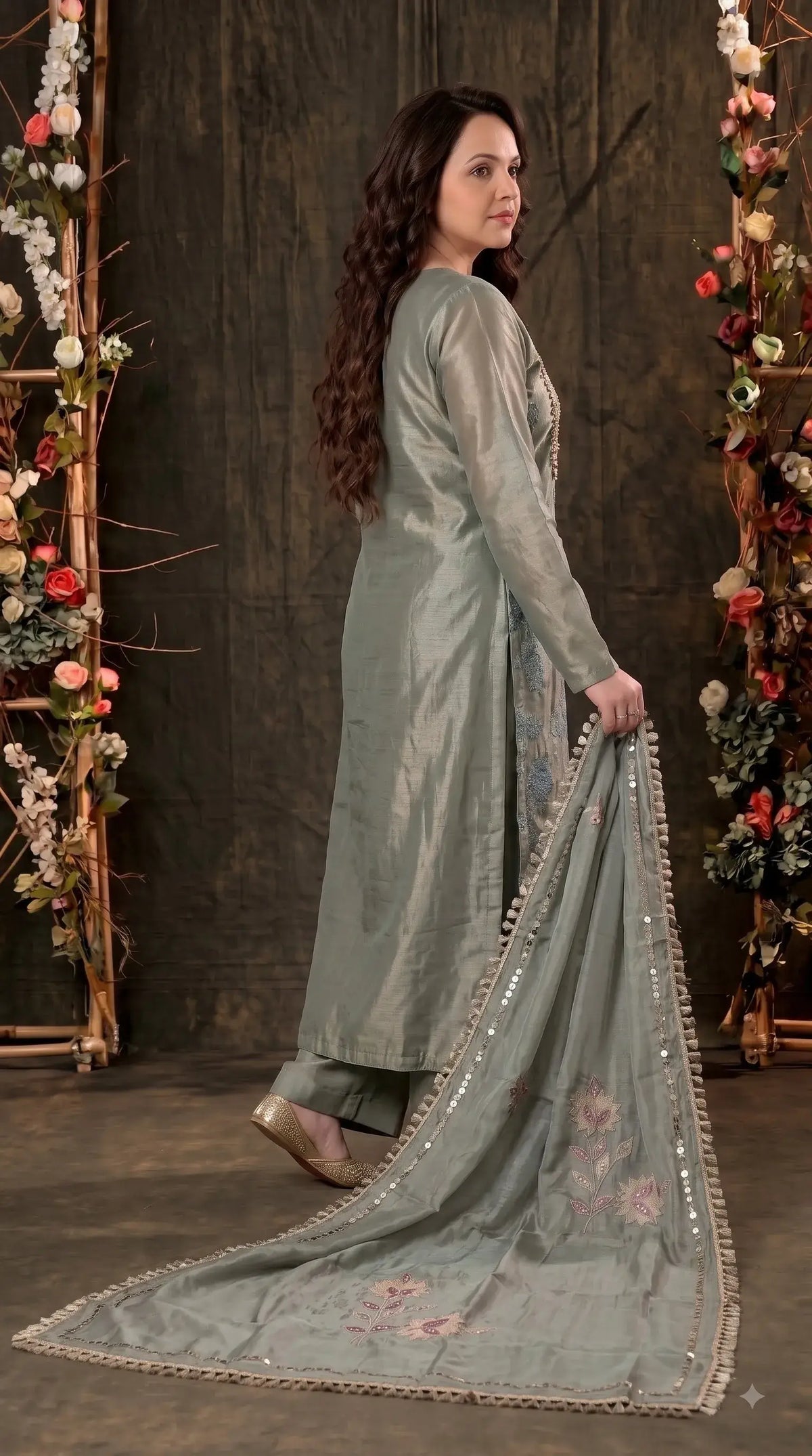 Premium Pastel Tissue Pakistani Designer Suit with Floral Embroidery, Pearl & Sequin Handwork