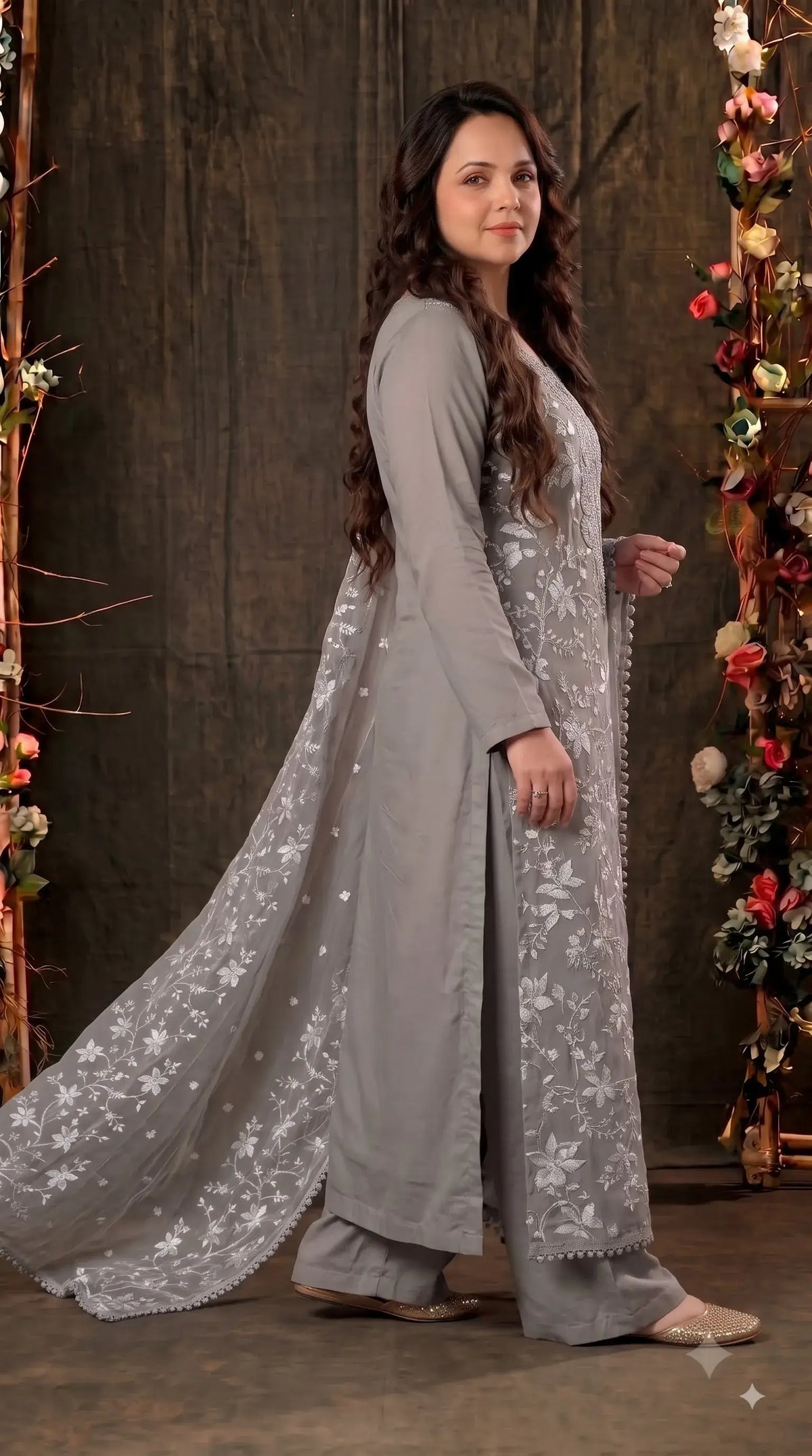 Pakistani Designer Soft Grey Soft Chiffon Suit with Elegant Applique Floral Work & Graceful Dupatta