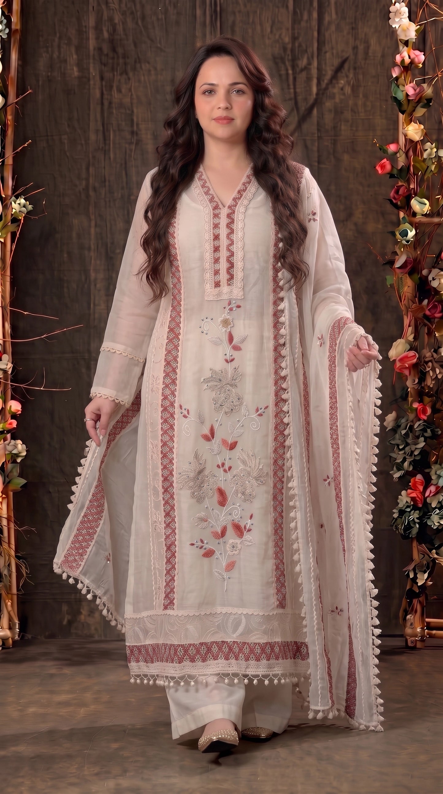 Soft Floral Pakistani Mull Cotton Suit with Dusty Rose Embroidery