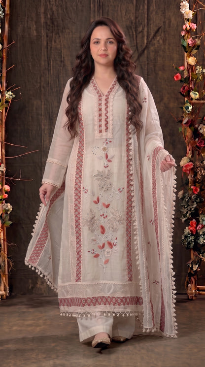 Soft Floral Pakistani Mull Cotton Suit with Dusty Rose Embroidery