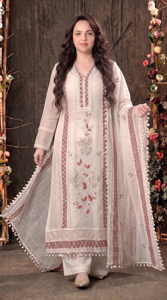 Soft Floral Pakistani Mull Cotton Suit with Dusty Rose Embroidery