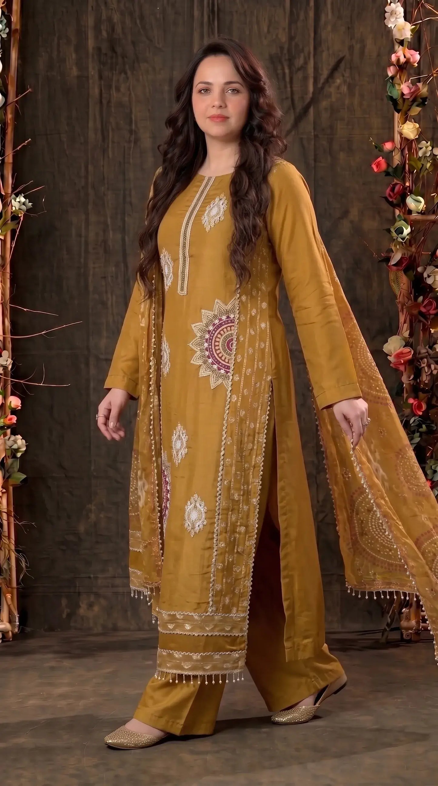 Mustard Soft Tissue Embroidered Designer Suit