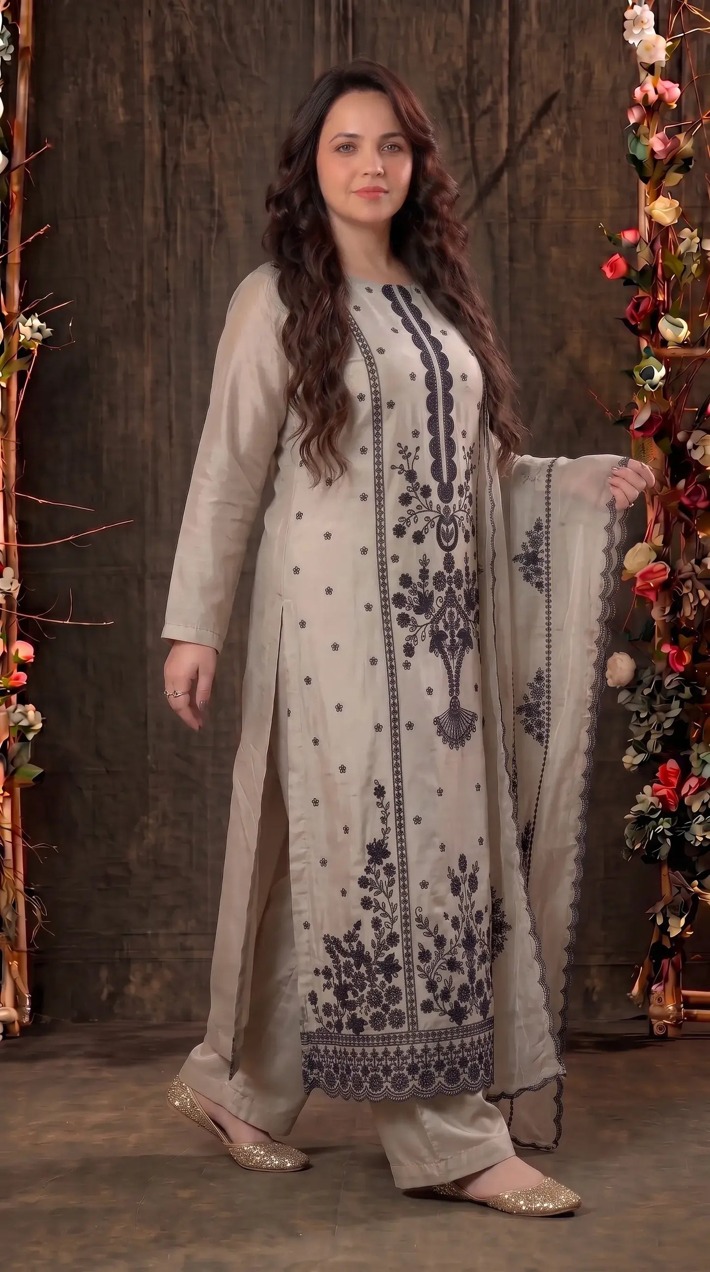 Premium Designer Ivory Tissue Suit with Black Hand Embroidery & Pearl Work