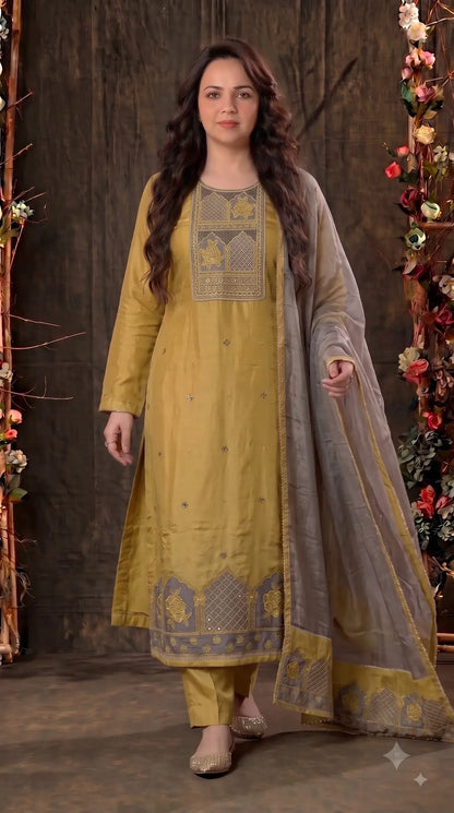 Premium Designer Mustard Gold Pakistani Suit with Grey Embroidered Dupatta
