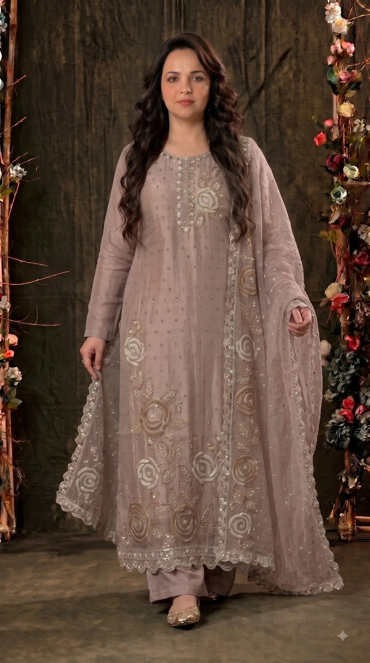 Premium Dusty Mauve Taupe Soft Tissue Designer Suit with Pearl Work