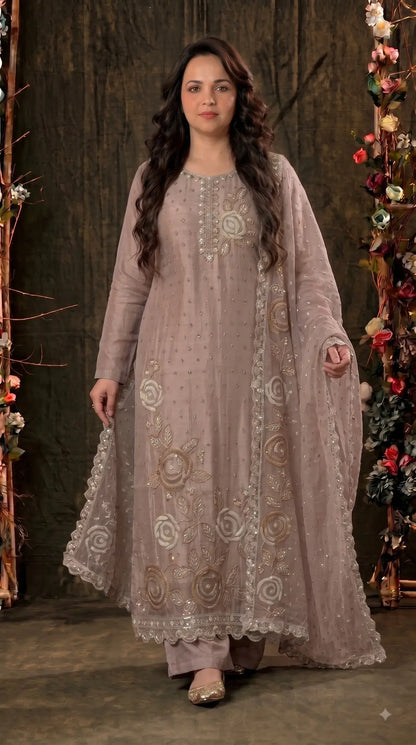 Premium Dusty Mauve Taupe Soft Tissue Designer Suit with Pearl Work