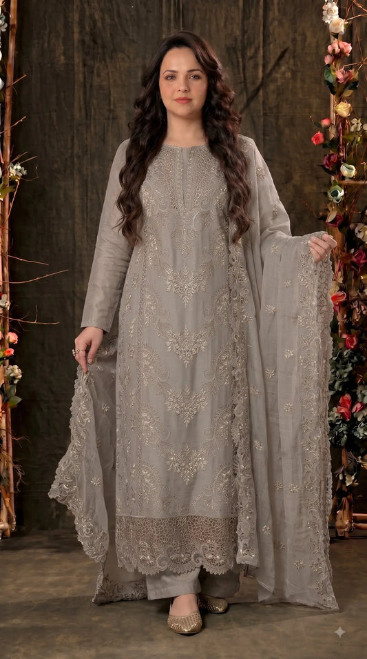 Pakistani Designer Ivory Marble Chiffon Suit with Cutwork Embroidery & Swarovski Work Pakistani Suit