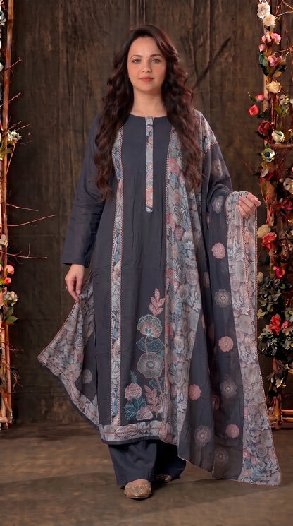 Navy Blue Mul Cotton Suit with Floral Embroidery & Printed Dupatta