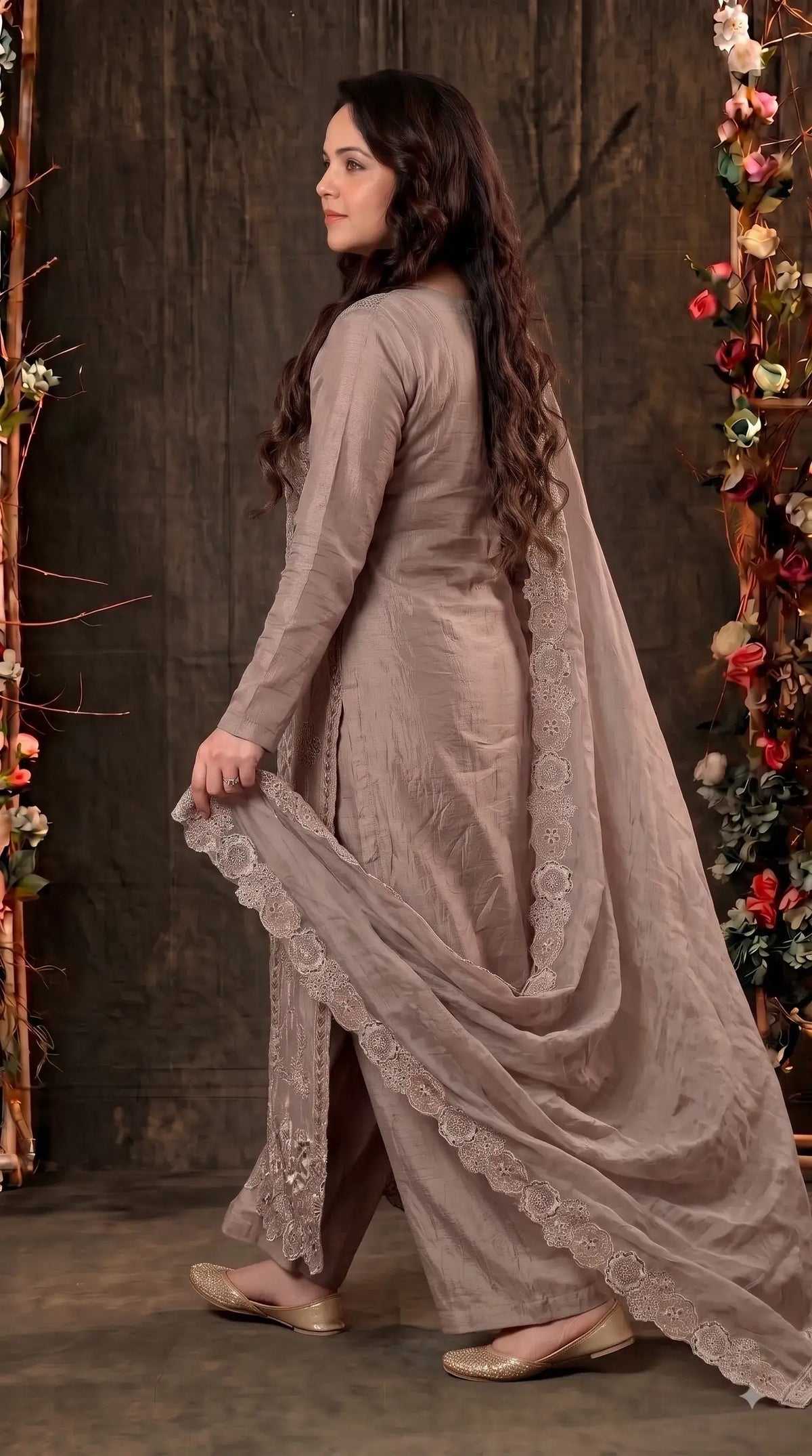 Premium Designer Dusty Rose Taupe Shimmer Silk Suit with Cutwork Floral Embroidery
