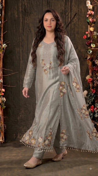 Premium Designer Silver Grey Giraffe Fabric Suit with Pearl, Sequin & Floral Embroidery Work