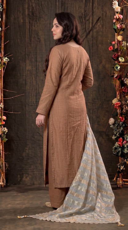 Premium Designer Caramel Bronze Soft Crush Suit with Pearl, Sequin & Intricate Embroidery Work