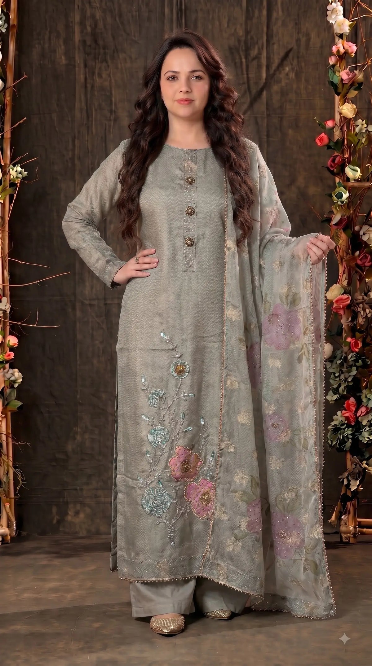Premium Designer Sage-Green Soft Tissue Suit with Floral Bead, Sequin & Cutdana Work