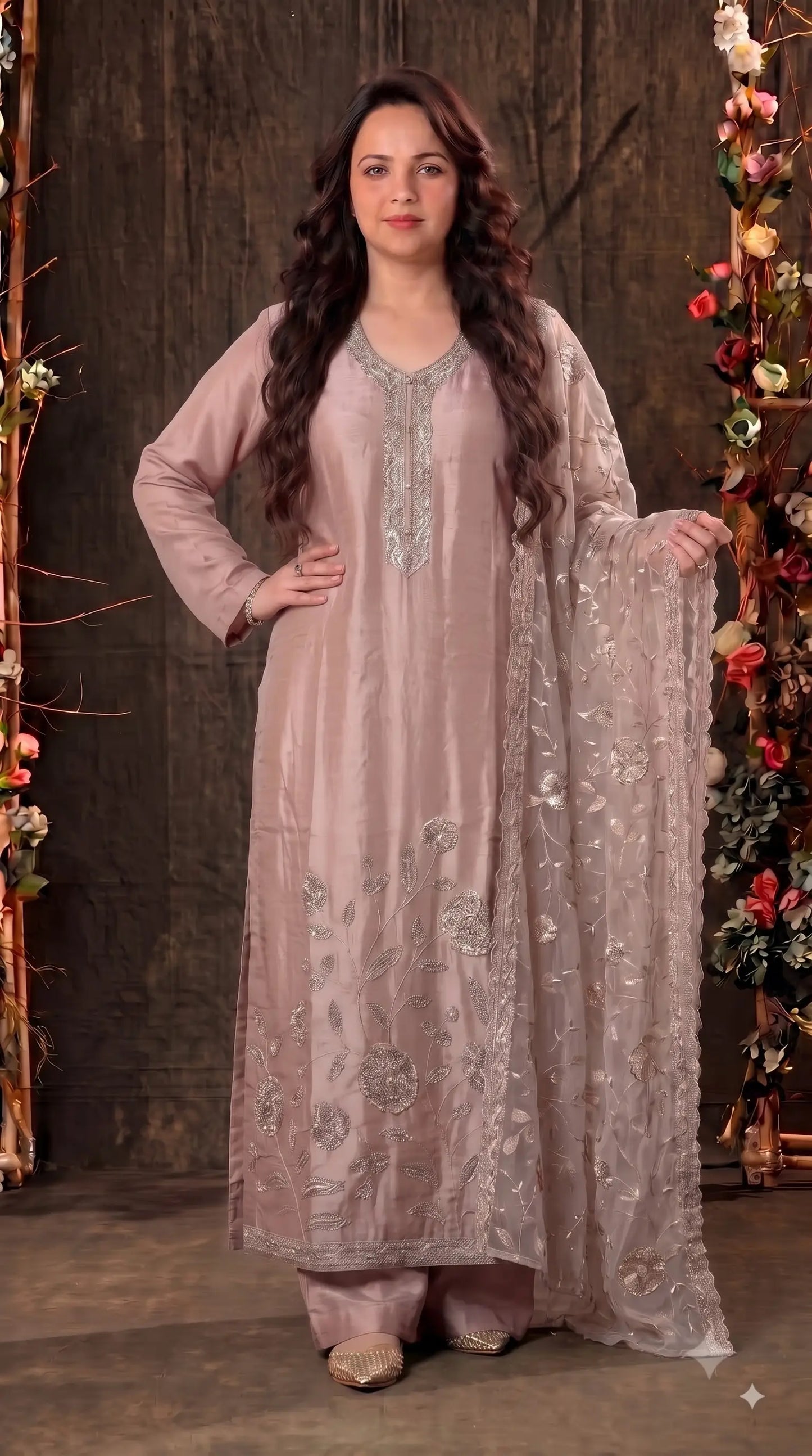 Premium Designer Dusty Pink-Taupe Taneria Suit with Floral Embroidery, Bead & Sequin Work