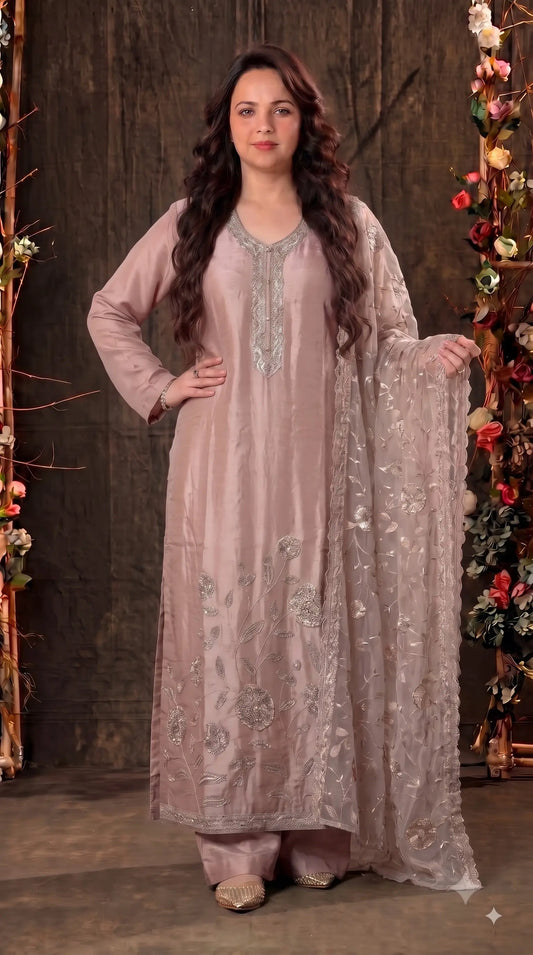 Premium Designer Dusty Pink-Taupe Taneria Suit with Floral Embroidery, Bead & Sequin Work