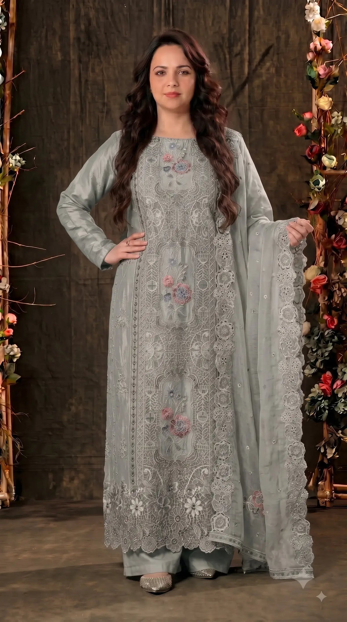 Premium Designer Sage Green Shimmer Silk Suit with Cutwork & Floral Embroidery