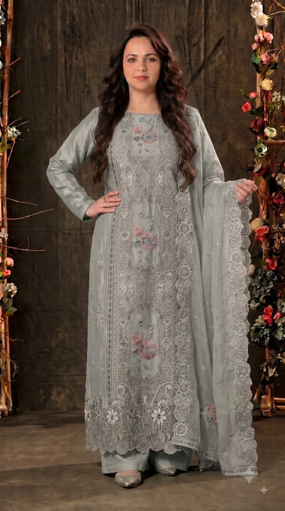 Premium Designer Sage Green Shimmer Silk Suit with Cutwork & Floral Embroidery
