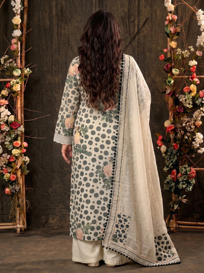 Premium Designer Linen Cotton Pakistani Suit with Floral Print & Lace Work