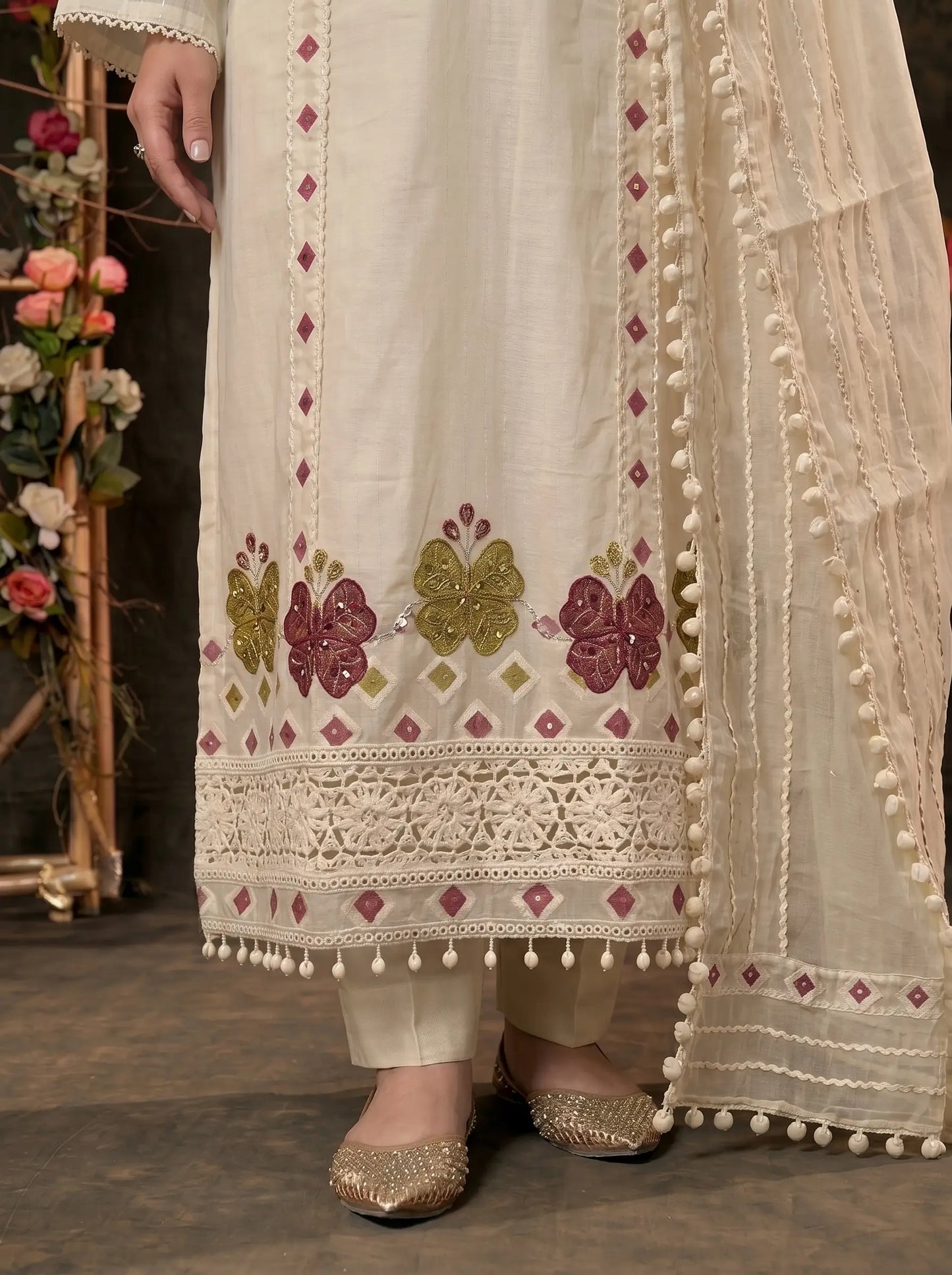 Premium Pakistani Mull Cotton Suit with Mirror & Thread Embroidery