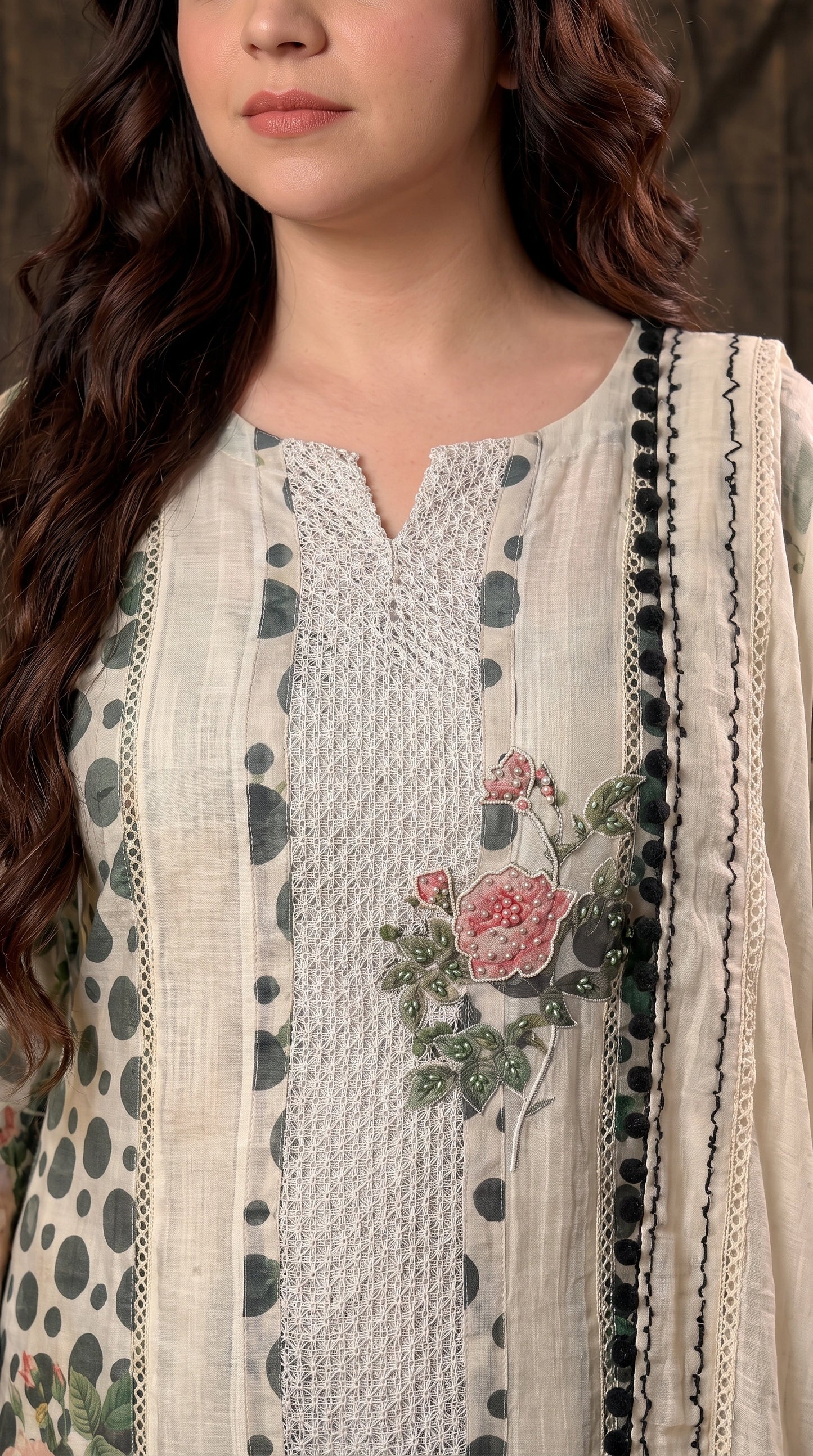 Premium Designer Linen Cotton Pakistani Suit with Floral Print & Lace Work