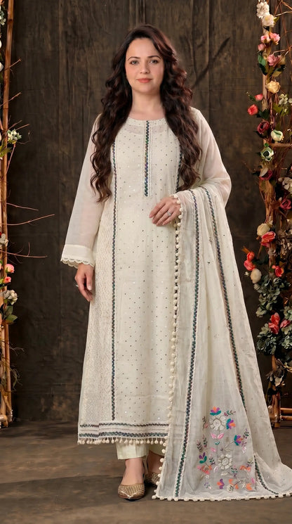 Premium Pakistani Mull Chanderi Suit with Sequin Work & Embroidered Dupatta
