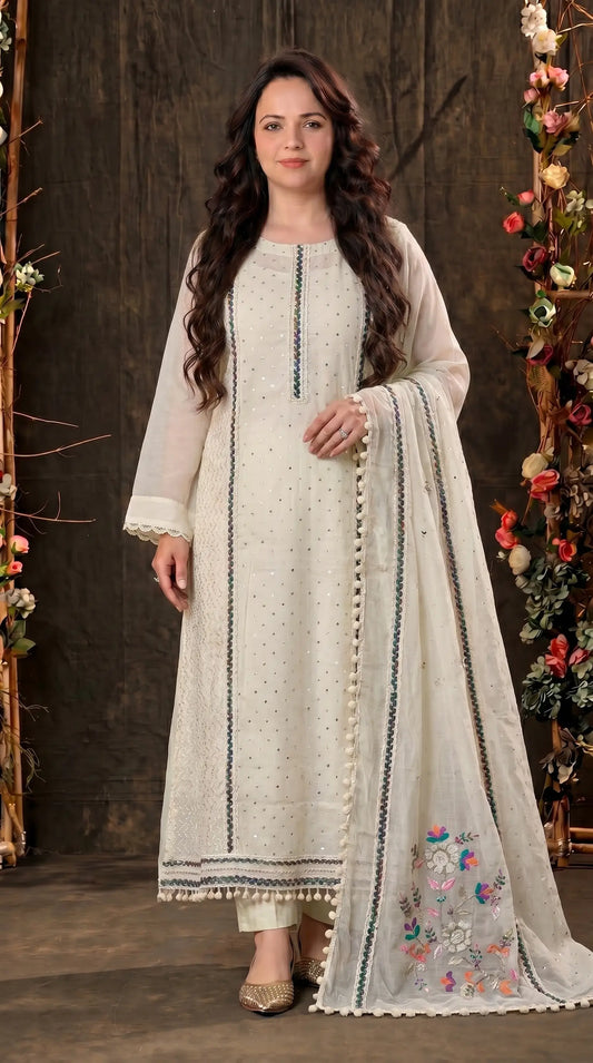 Premium Pakistani Mull Chanderi Suit with Sequin Work & Embroidered Dupatta