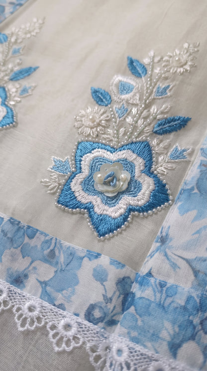 Soft Mull Cotton Pakistani Suit with Blue Floral Borders & Lace Detailing