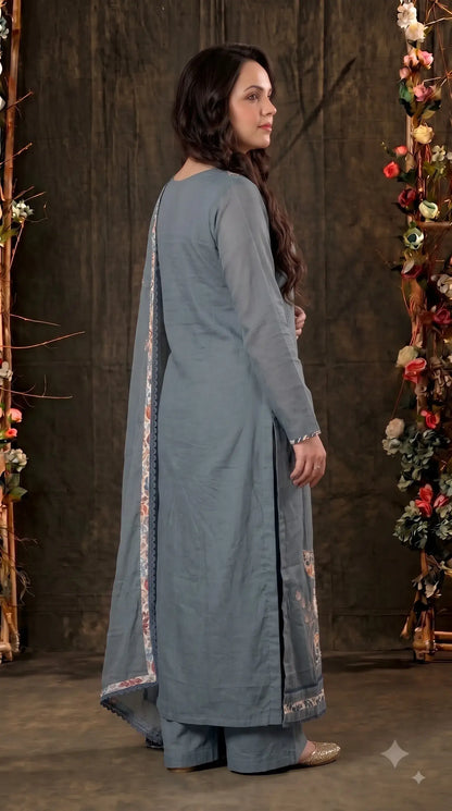 Premium Slate Blue Soft Cotton Suit with Floral Appliqué, Thread & Pearl Work
