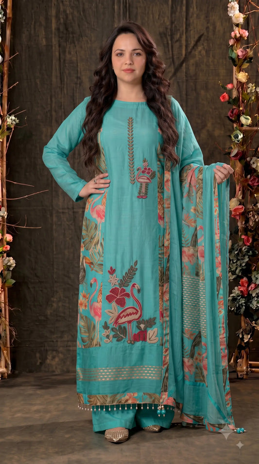 Premium Designer Aqua Turquoise Suit in Soft Shimmer Fabric
