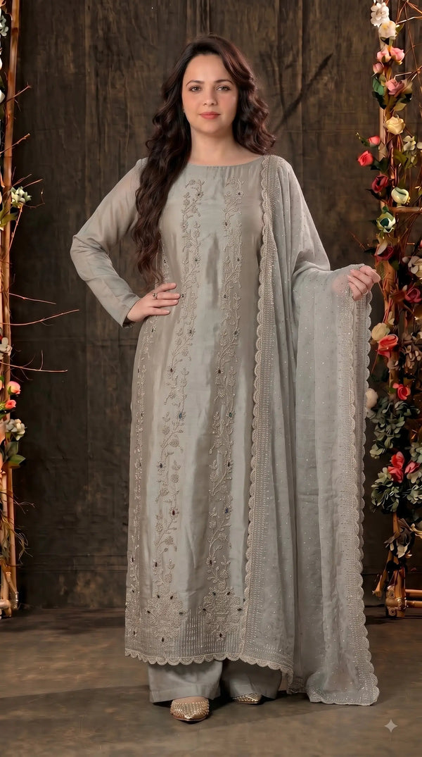 Premium Designer Silver Grey Ziraf Suit with Pearl, Bead & Stone Work