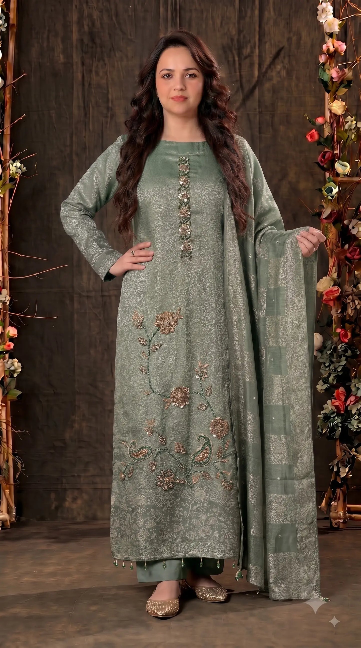 Premium Designer Sage Green Banarsi Suit with Floral Paisley Bead & Sequin Work