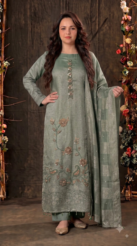 Premium Designer Sage Green Banarsi Suit with Floral Paisley Bead & Sequin Work