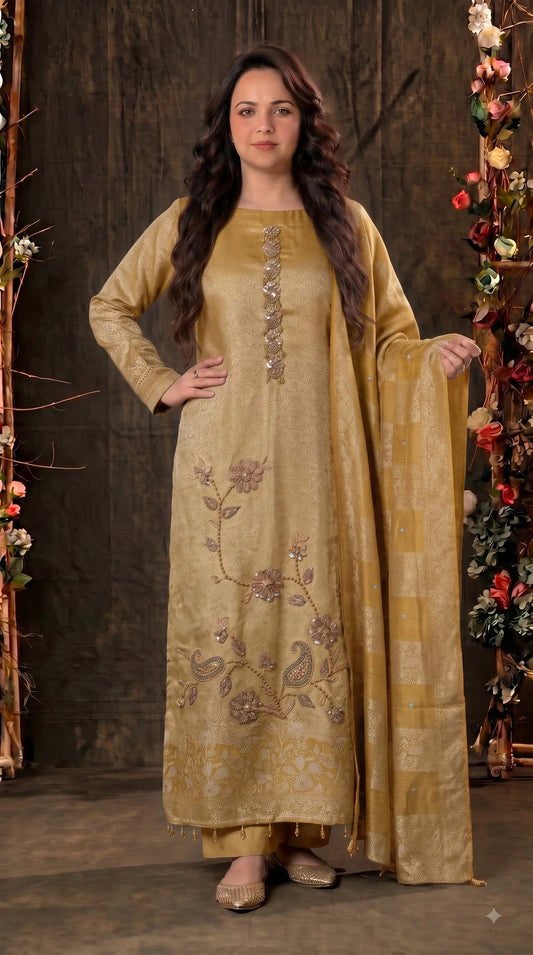 Pakistani Designer Antique Gold Banarsi Suit with Floral Paisley Bead & Sequin Work