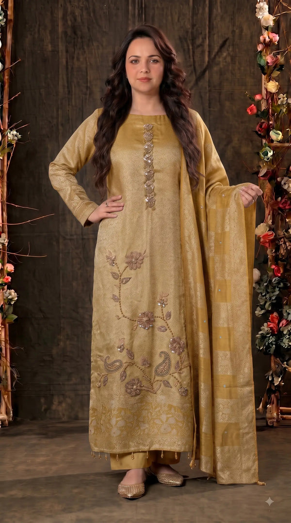 Pakistani Designer Antique Gold Banarsi Suit with Floral Paisley Bead & Sequin Work