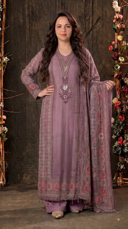 Premium Designer Dusty Purple Soft Tissue Suit with Pearl, Sequin & Stone Work
