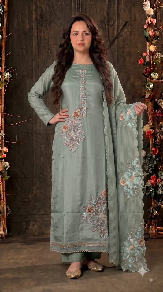 Premium Designer Sage Green Organza Suit with Pastel Floral Hand Embroidery, Sequin & Bead Work