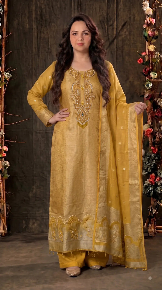 Pakistani Designer Yellow Shade Soft Tissue Suit with Bead & Paisley