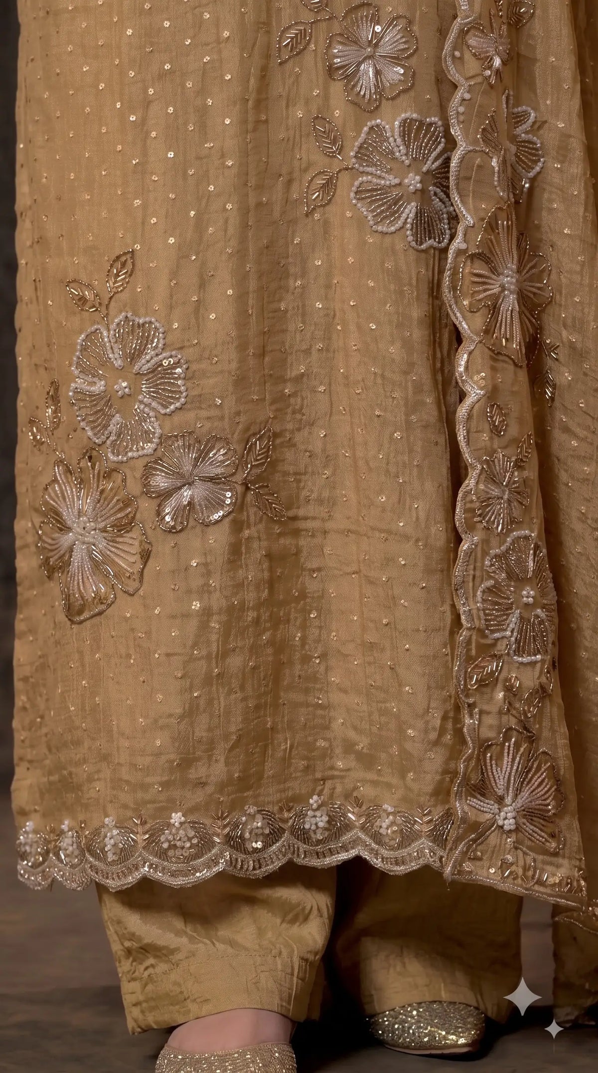 Premium Designer Antique Gold Soft Tissue Suit with Floral Pearl, Sequin & Bead Work