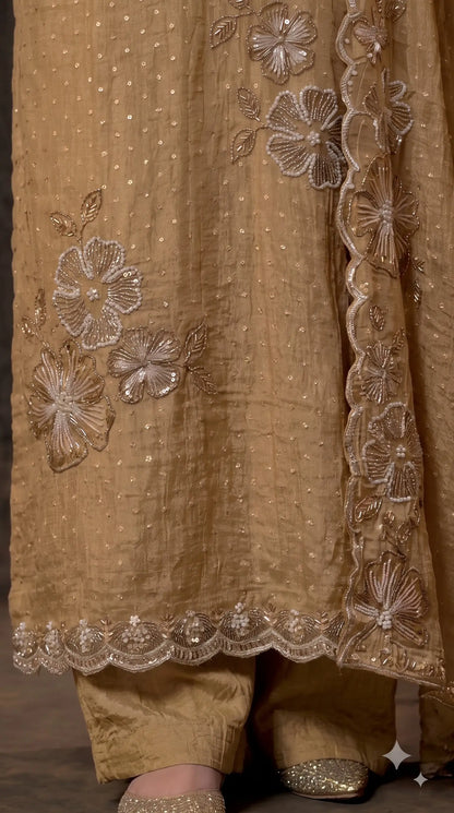 Premium Designer Antique Gold Soft Tissue Suit with Floral Pearl, Sequin & Bead Work